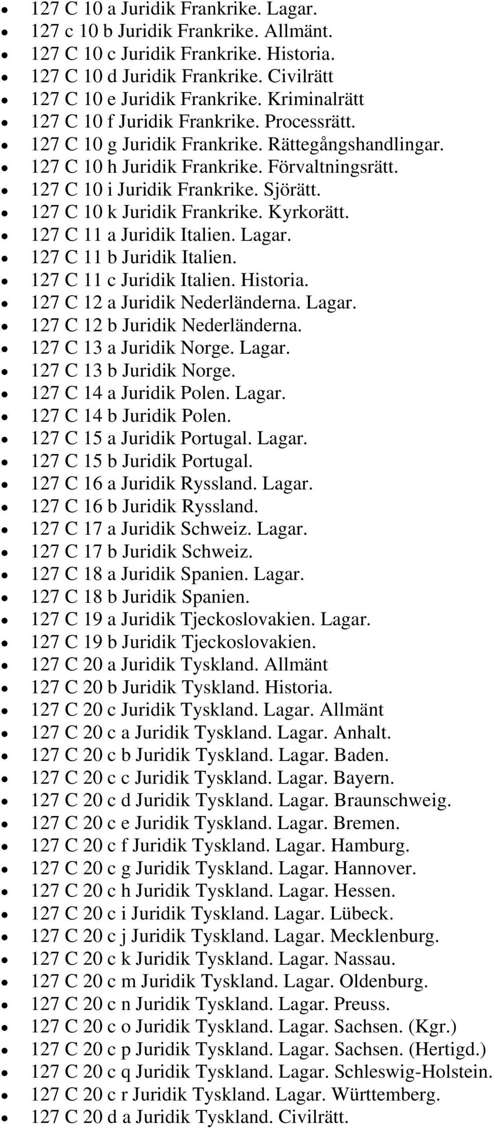 127 C 10 k Juridik Frankrike. Kyrkorätt. 127 C 11 a Juridik Italien. Lagar. 127 C 11 b Juridik Italien. 127 C 11 c Juridik Italien. Historia. 127 C 12 a Juridik Nederländerna. Lagar. 127 C 12 b Juridik Nederländerna.