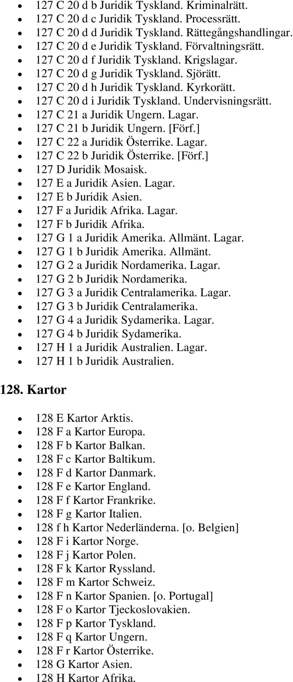 127 C 21 a Juridik Ungern. Lagar. 127 C 21 b Juridik Ungern. [Förf.] 127 C 22 a Juridik Österrike. Lagar. 127 C 22 b Juridik Österrike. [Förf.] 127 D Juridik Mosaisk. 127 E a Juridik Asien. Lagar. 127 E b Juridik Asien.