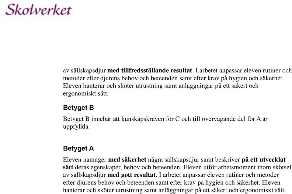 Betyget A Eleven namnger med säkerhet några sällskapsdjur samt beskriver på ett utvecklat sätt deras egenskaper, behov och beteenden.