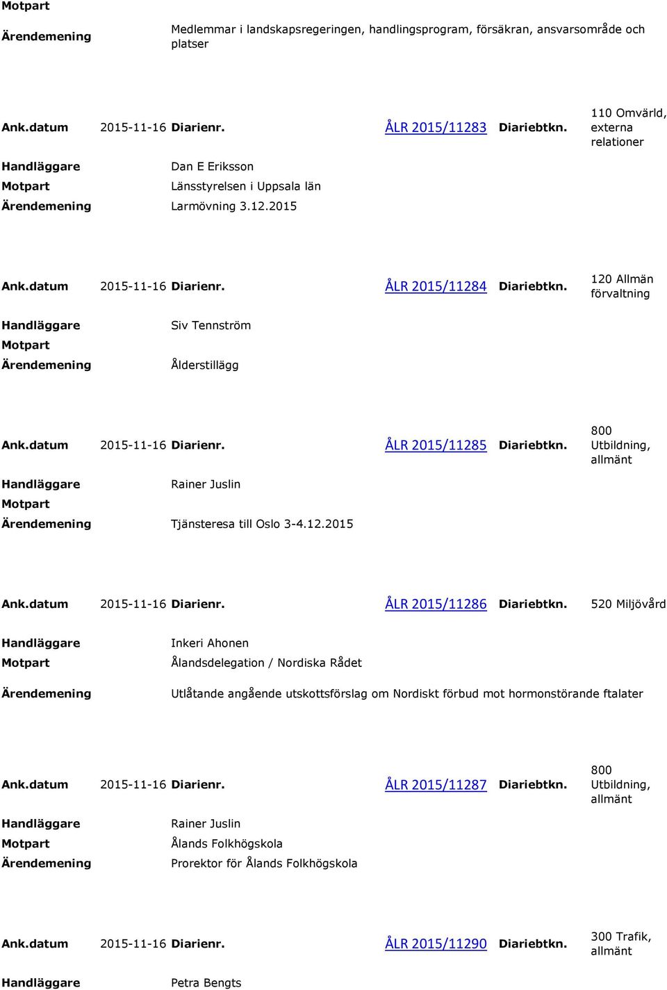 datum 2015-11-16 Diarienr. ÅLR 2015/11285 Diariebtkn. Rainer Juslin Tjänsteresa till Oslo 3-4.12.2015 Ank.datum 2015-11-16 Diarienr. ÅLR 2015/11286 Diariebtkn.