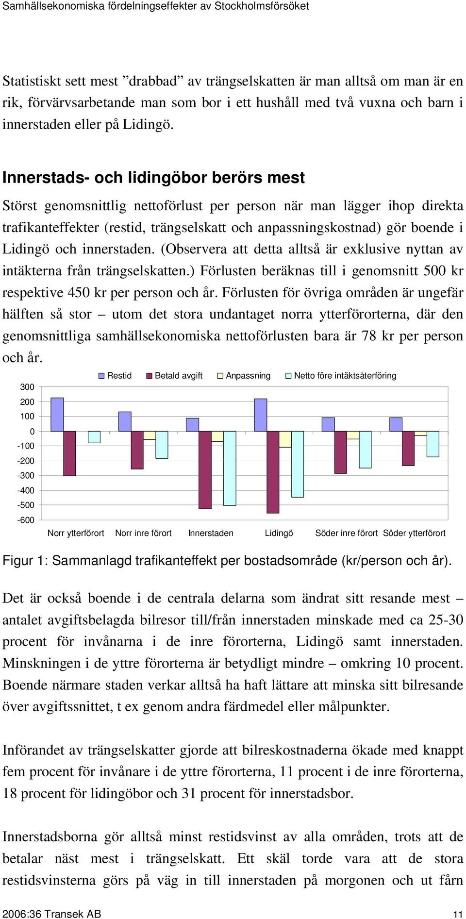 Innerstads- och lidingöbor berörs mest Störst genomsnittlig nettoförlust per person när man lägger ihop direkta trafikanteffekter (restid, trängselskatt och anpassningskostnad) gör boende i Lidingö