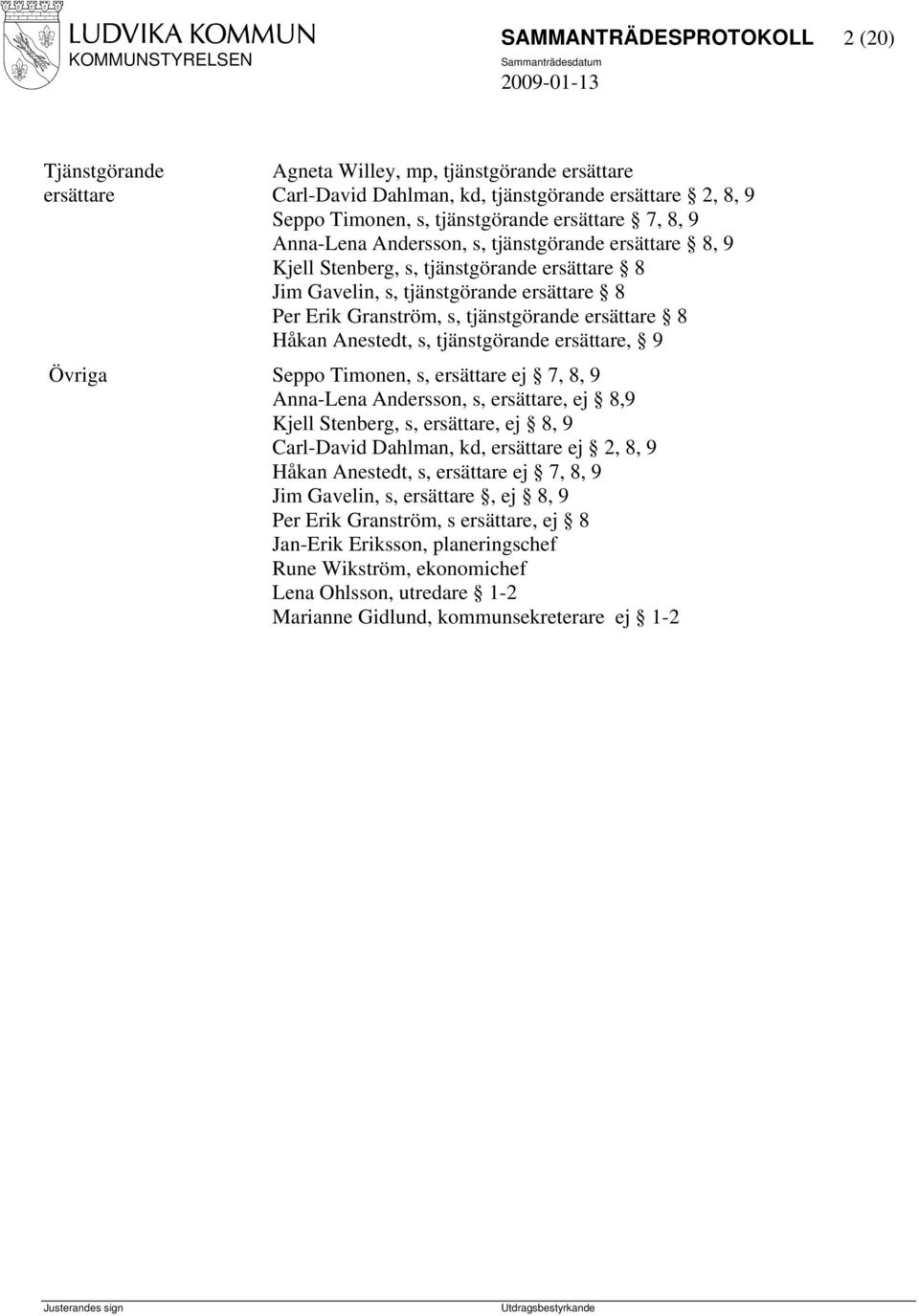 Anestedt, s, tjänstgörande ersättare, 9 Övriga Seppo Timonen, s, ersättare ej 7, 8, 9 Anna-Lena Andersson, s, ersättare, ej 8,9 Kjell Stenberg, s, ersättare, ej 8, 9 Carl-David Dahlman, kd, ersättare