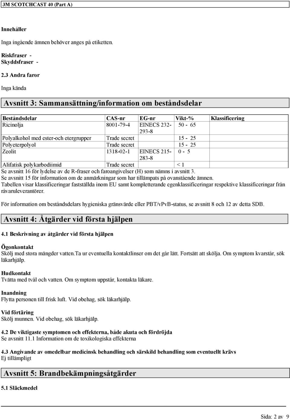 etergrupper Trade secret 15-25 Polyeterpolyol Trade secret 15-25 Zeolit 1318-02-1 EINECS 215-0 - 5 283-8 Alifatisk polykarbodiimid Trade secret < 1 Se avsnitt 16 för lydelse av de R-fraser och