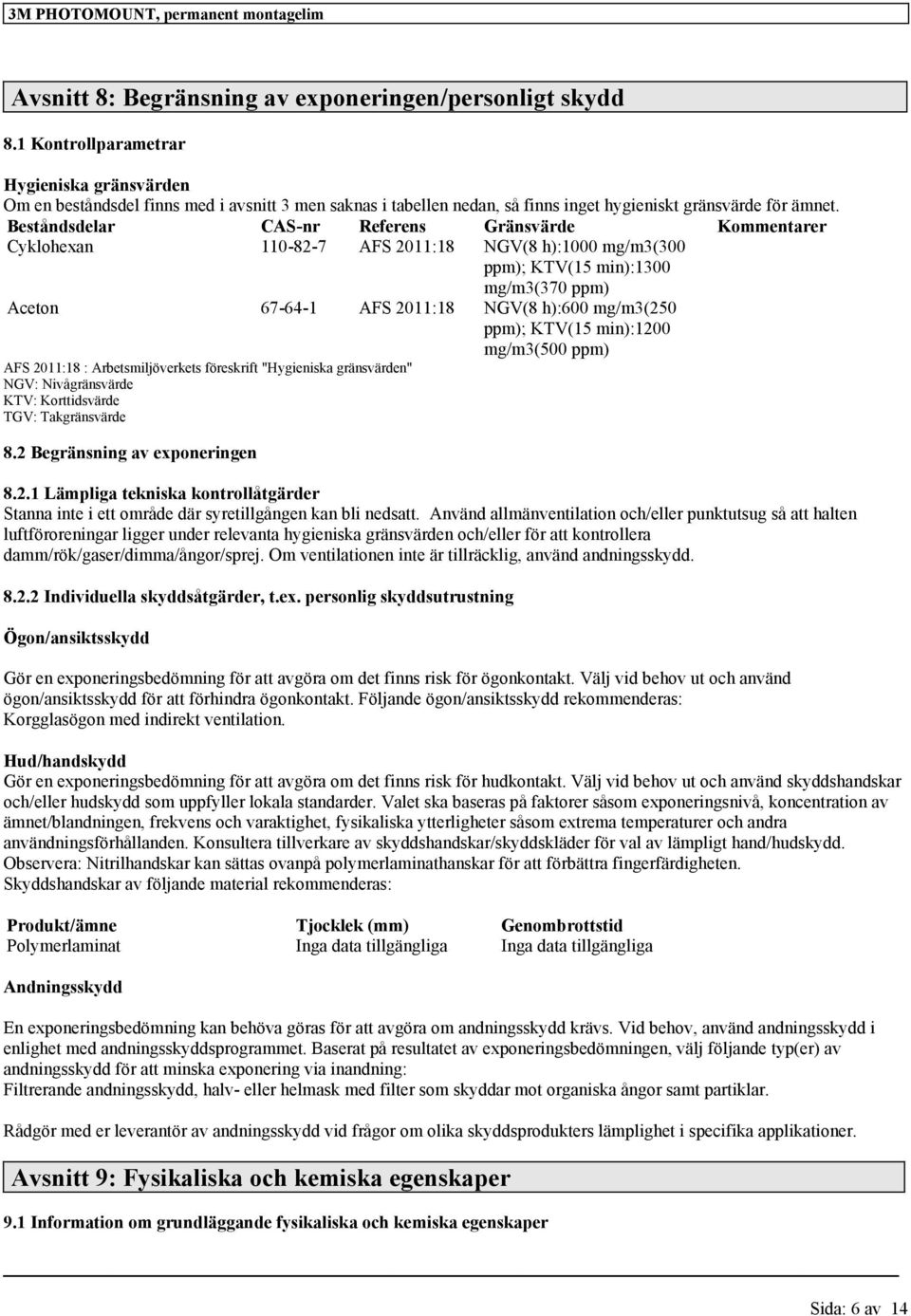 Beståndsdelar CAS-nr Referens Gränsvärde Kommentarer Cyklohexan 110-82-7 AFS 2011:18 NGV(8 h):1000 mg/m3(300 ppm); KTV(15 min):1300 mg/m3(370 ppm) Aceton 67-64-1 AFS 2011:18 NGV(8 h):600 mg/m3(250