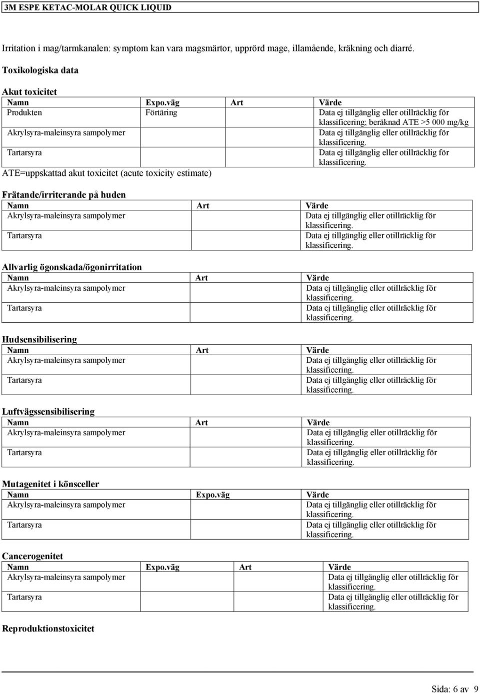 väg Art Värde Produkten Förtäring klassificering; beräknad ATE >5 000 mg/kg ATE=uppskattad akut toxicitet (acute toxicity estimate)