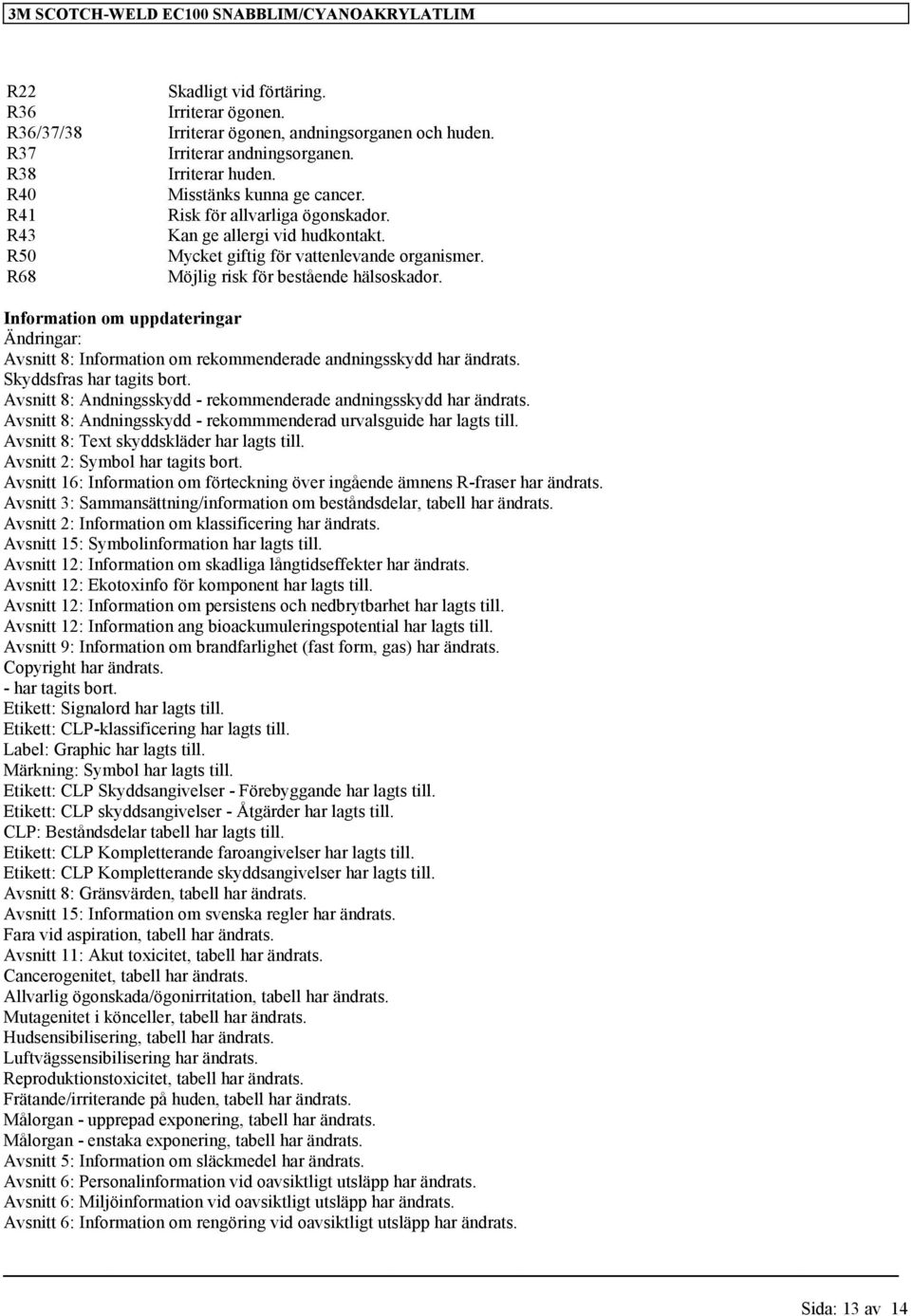 Information om uppdateringar Ändringar: Avsnitt 8: Information om rekommenderade andningsskydd har ändrats. Skyddsfras har tagits bort.