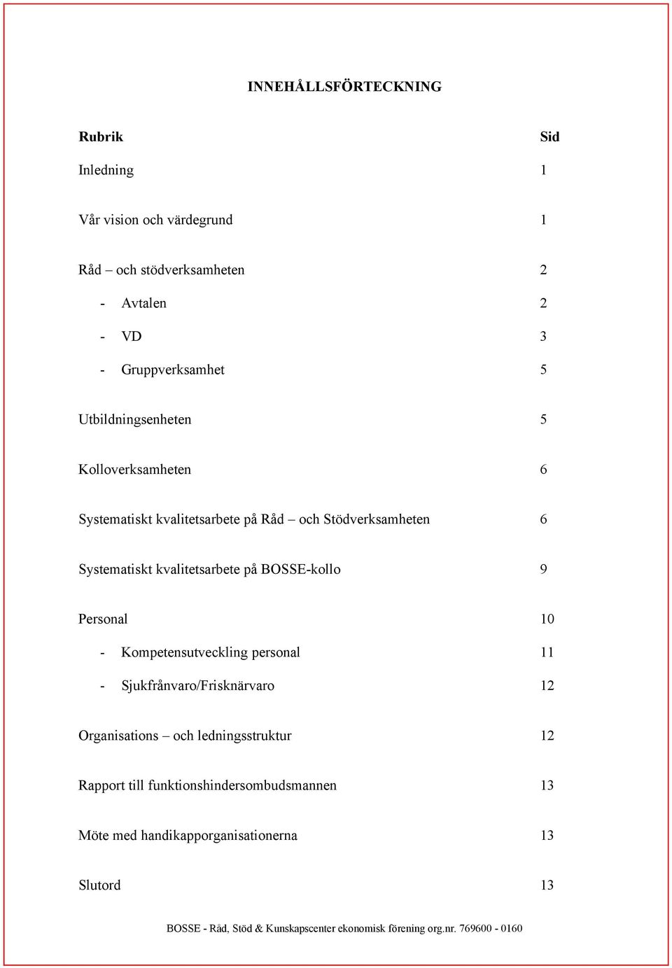 Systematiskt kvalitetsarbete på BOSSE-kollo 9 Personal 10 - Kompetensutveckling personal 11 - Sjukfrånvaro/Frisknärvaro 12