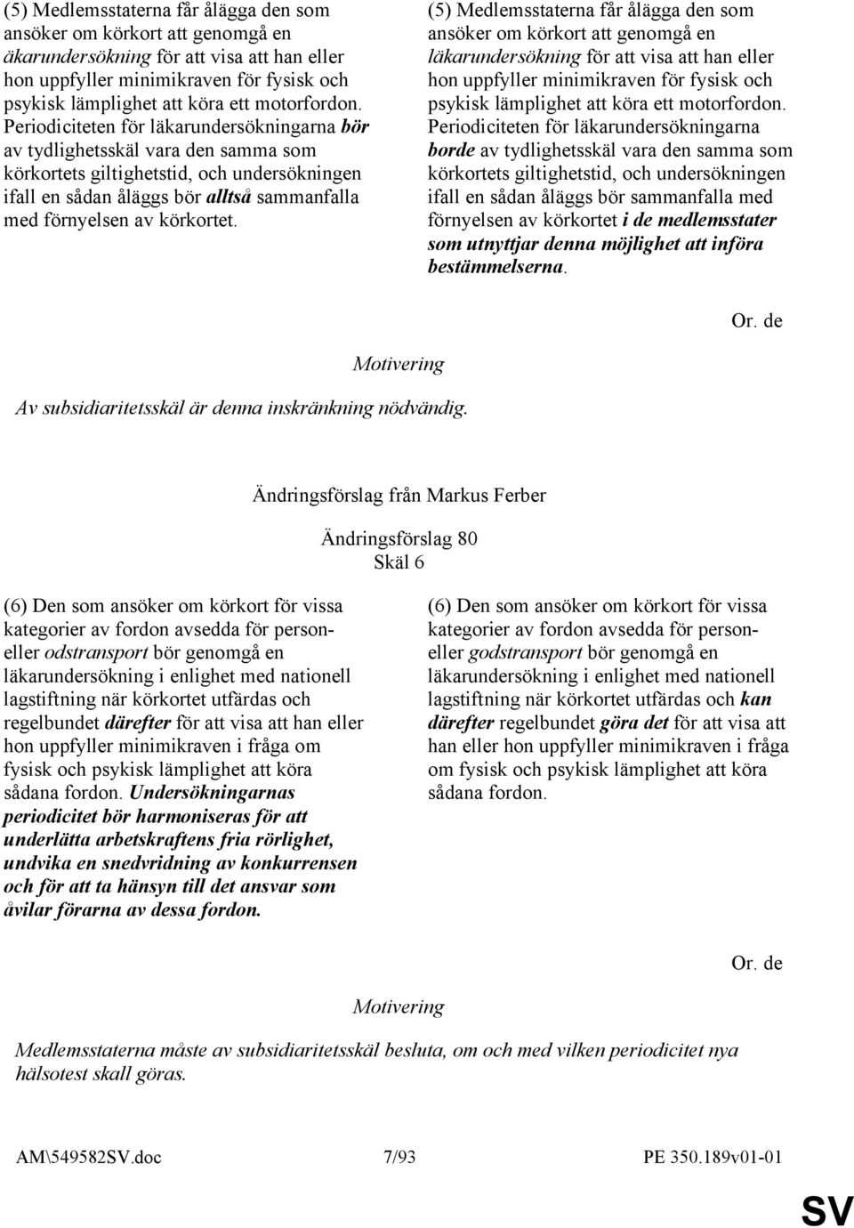 Periodiciteten för läkarundersökningarna bör av tydlighetsskäl vara den samma som körkortets giltighetstid, och undersökningen ifall en sådan åläggs bör alltså sammanfalla med förnyelsen av körkortet.