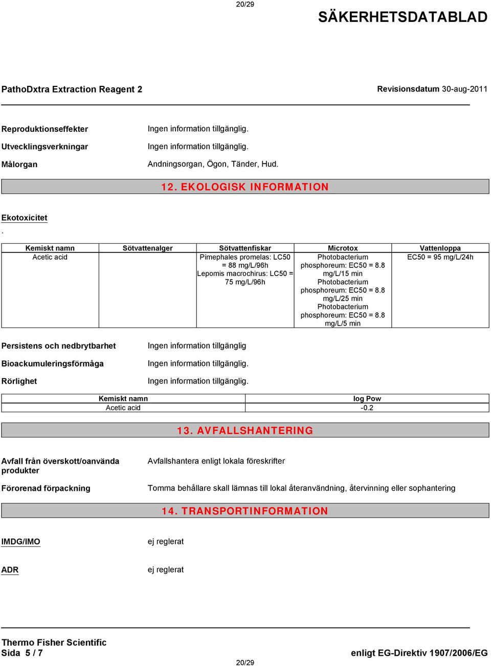 8 mg/l/15 min Photobacterium phosphoreum: EC50 = 8.8 mg/l/25 min Photobacterium phosphoreum: EC50 = 8.