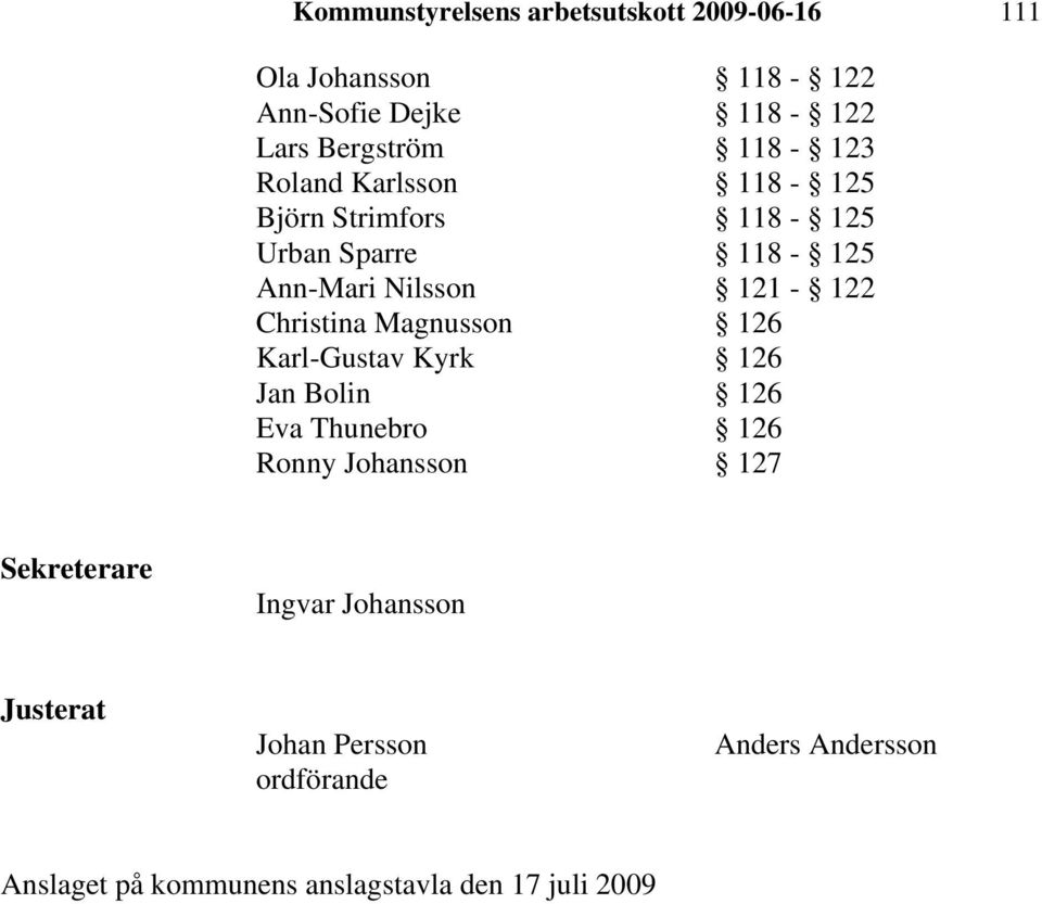 Christina Magnusson 126 Karl-Gustav Kyrk 126 Jan Bolin 126 Eva Thunebro 126 Ronny Johansson 127 Sekreterare