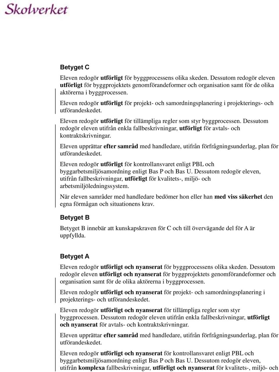 Eleven redogör utförligt för projekt- och samordningsplanering i projekterings- och utförandeskedet. Eleven redogör utförligt för tillämpliga regler som styr byggprocessen.