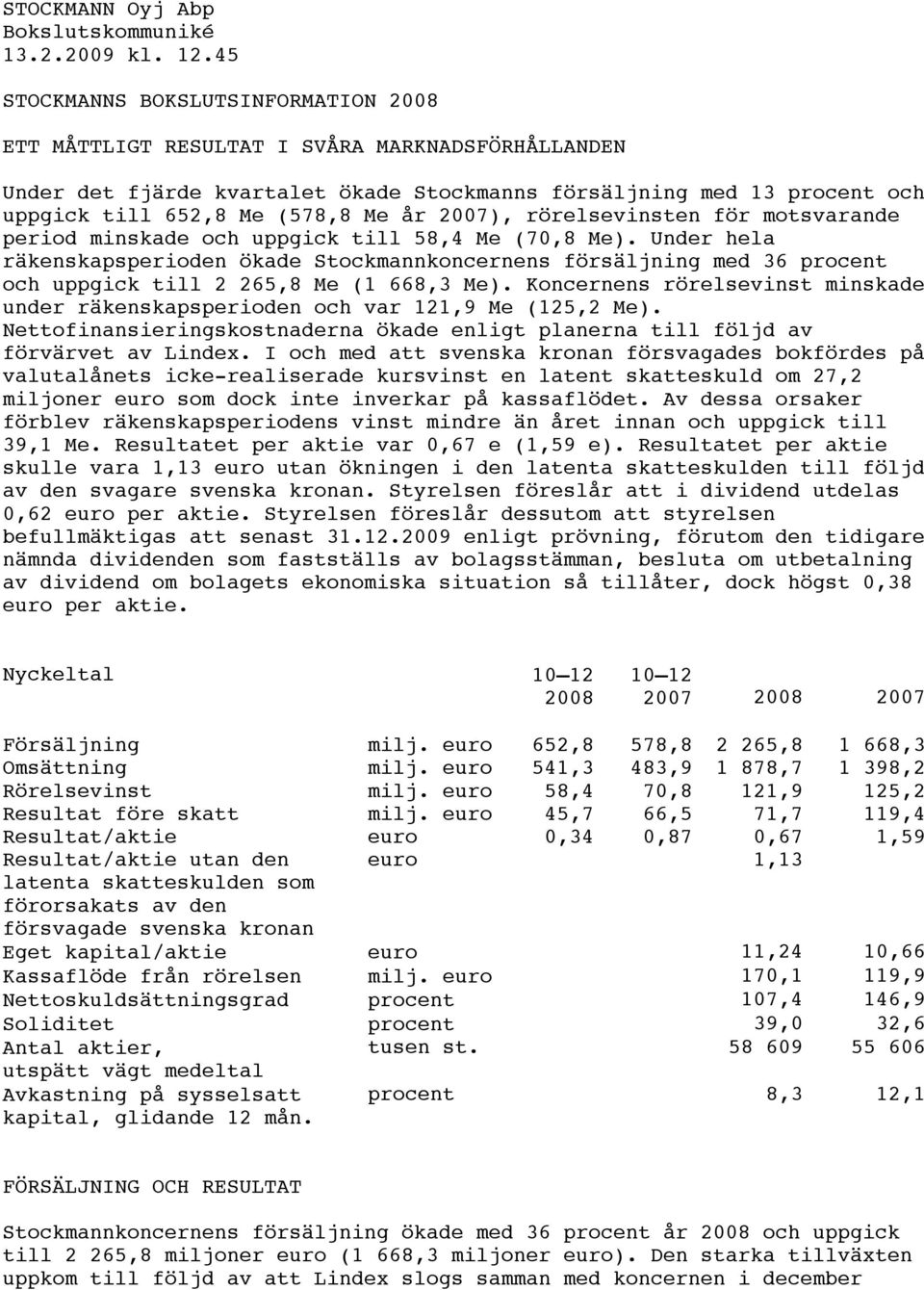 2007), rörelsevinsten för motsvarande period minskade och uppgick till 58,4 Me (70,8 Me).