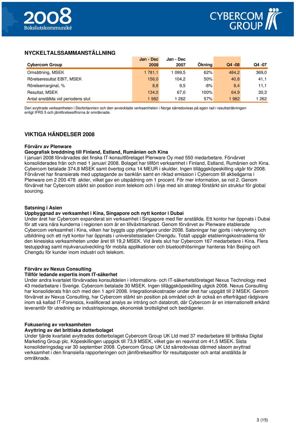 Norge särredovisas på egen rad i resultaträkningen enligt IFRS 5 och jämförelsesiffrorna är omräknade.