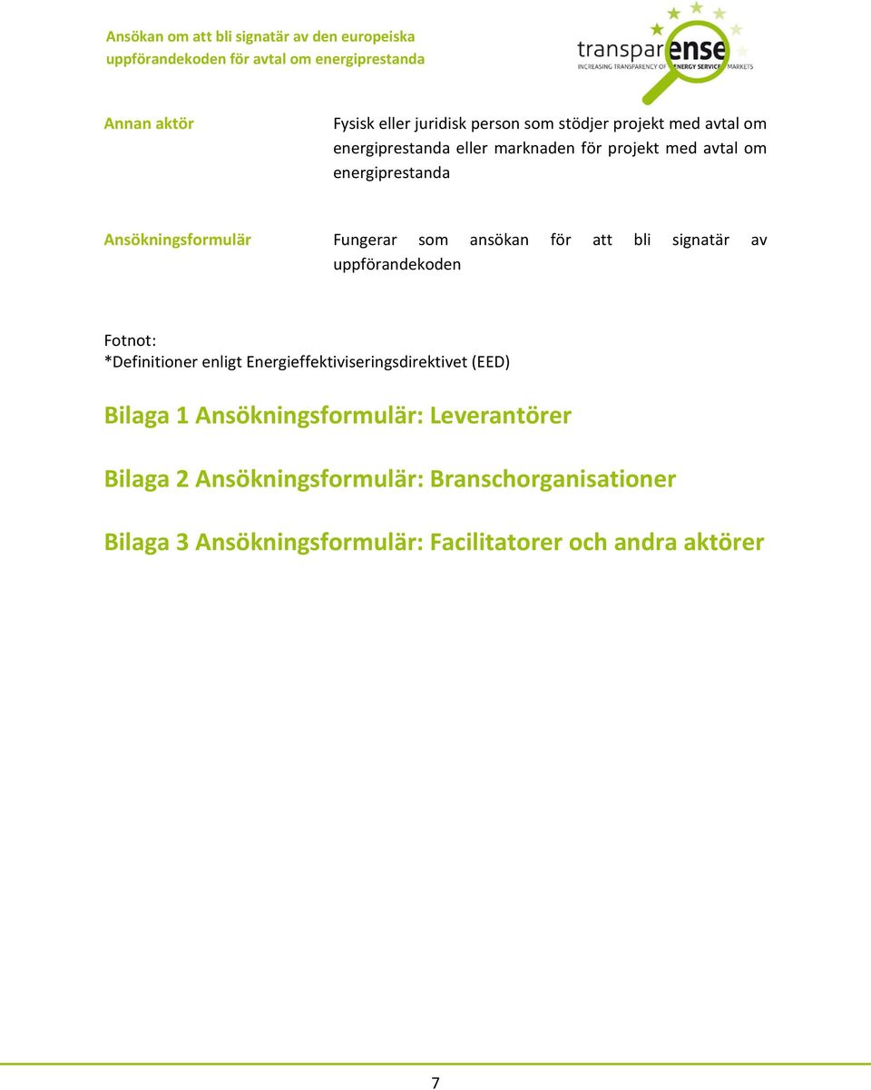 *Definitioner enligt Energieffektiviseringsdirektivet (EED) Bilaga 1 Ansökningsformulär: Leverantörer