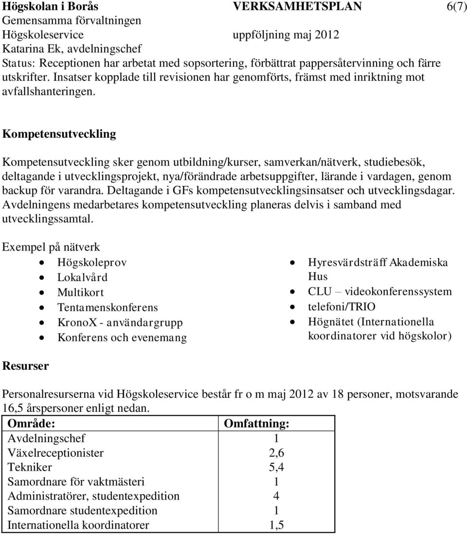 Kompetensutveckling Kompetensutveckling sker genom utbildning/kurser, samverkan/nätverk, studiebesök, deltagande i utvecklingsprojekt, nya/förändrade arbetsuppgifter, lärande i vardagen, genom backup