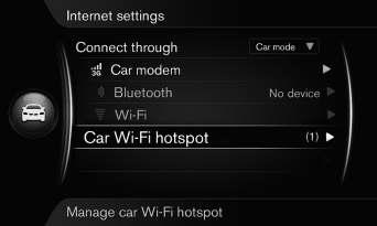 Antal anslutna enheter till bilens Wi-Fi-hotspot. För att visa vilka enheter som är anslutna till bilens Wi-Fi-hotspot, tryck på MY CAR för att hamna i normalvyn för källan.