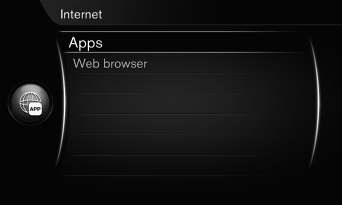 Tryck på i mittkonsolen och välj Appar för att visa tillgängliga appar 23. Välj en app i listan och starta med OK/MENU. Apparna laddas ner från internet till bilen och körs därifrån.