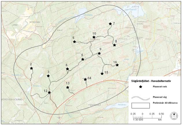 Ill. 4. Kartan visar planerad utformning av vindpark Sögårdsfjället, med vägar, 14 verk samt preliminär 40dB(A)-kurva. I anslutning till verk 4 har två vägalternativ utretts, illustration 5.