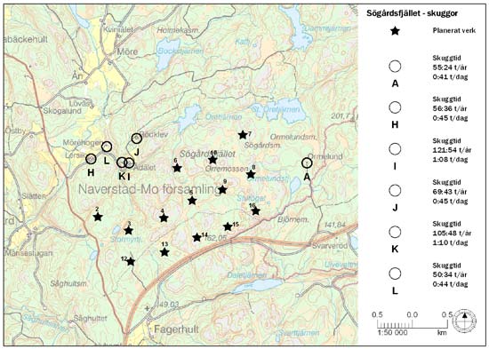 Ill. 7. Redovisning av de bostäder som enligt worst case-beräkningarna kommer att få mer svepande skuggor än vad som rekommenderas av Boverket.