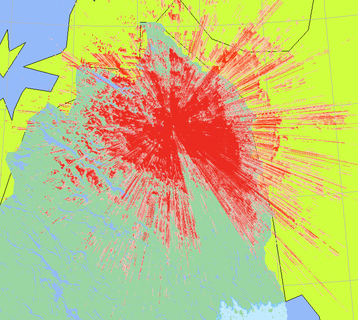 Parametrarna för BS-LTE är som tidigare: - Sändareffekt Pe=46 dbm - Antenngain: 17 dbi - Förluster: 3 db - Masthöjd: 37,5 m För beräkningarna har en bandbredd på 10 MHz har antagits för både LTE