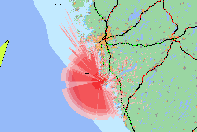 Detta motsvarar ett skyddsavstånd på TBD km vid en beräkning enligt utbredningsmodellen ITU-R P. 452-11. Motsvarande beräkning enligt Iris ger följande utbredningsdiagram: 2.