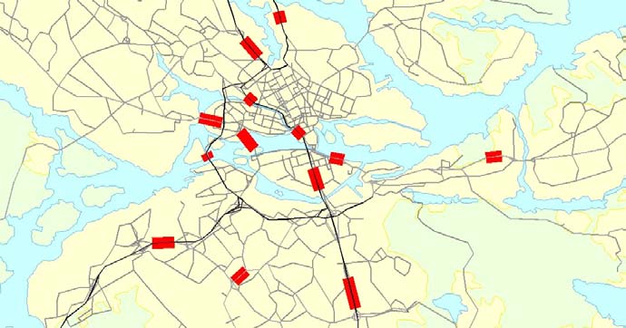 Figur 4 Punkter där trafik på infarter beräknats (streckad linje). (Figuren visar även övriga punkter där trafiken beräknas.) 4.