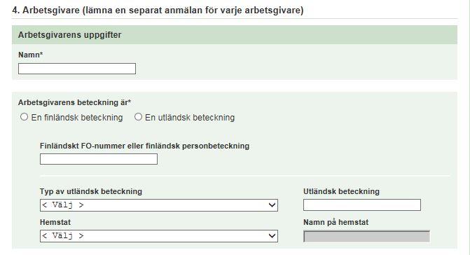 37 Figur 18. Arbetstagaranmälan, arbetsgivarens uppgifter. (Suomi.fi). I punkt fyra lämnas uppgifter om arbetsgivaren.