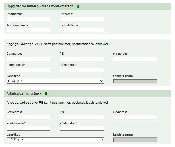 38 Figur 19. Arbetstagaranmälan, arbetsgivarens kontaktperson och adress. (Suomi.fi). Här anges uppgifter för arbetsgivarens kontaktperson.
