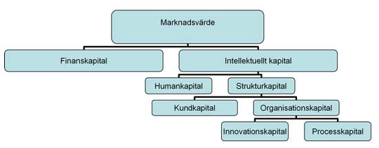 Figur 3, Skandias IK-värdeschema 95 En annan forskare Karl-Erik Sveiby har valt att dela upp det intellektuella kapitalet som: personalens kompetens, interna strukturer och externa strukturer 96.