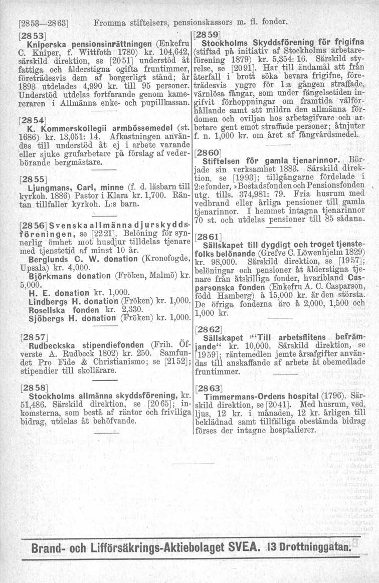 [2853-2863] Fromma stiftelsers, pensionskassors m. fl. fonder. [2853]. [2859] Kniperska pensionsinrättningen (Enkefru Stockholms Skyddsförening för frigifna C. Kiliper, f. Wittfoth 1780) kr.