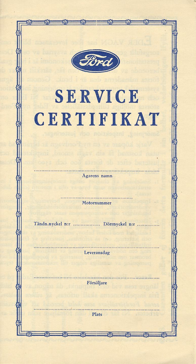 SERVICE CERTIFIKAT Ägarens namn Motornummer Tändn.