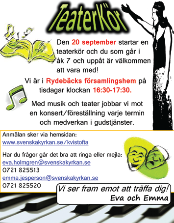12 Onsdagar 12.00 Kvistofta kyrka - Middagbön med lunch Start 7 september. Avslutning 23 november Torsdagar 8.00 Rydebäcks kyrka - Morgonbön eller mässa Söndagar 09.
