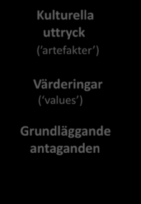 Synligt i verksamheten om än svårtolkat ibland Synligt på en principiell nivå Kulturella uttryck ( artefakter ) Värderingar ( values ) Ledarskapsstilar Organisationsformer Beteenden etc.