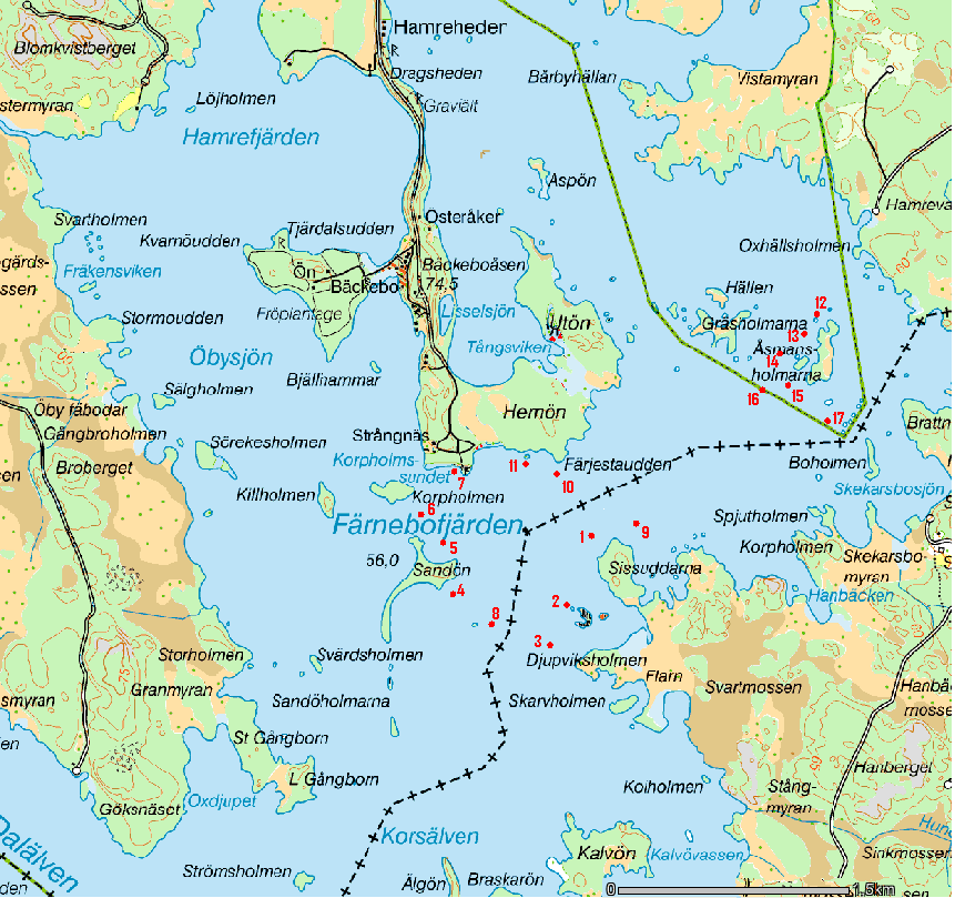 Appendix 4. Karta över Färnebofjärden med nätens placering utmärkt. 1. 7/7, 2 st pelagiska nät 10. 8/7, 1 st bottensatt 2. 7/7, 1 st bottensatt nät 11. 8/7, 1 st bottensatt 3.