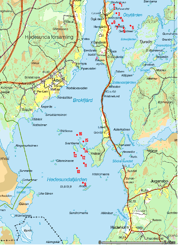 Appendix 5. Karta över Hedesundafjärden med nätens placering utmärkt. 1. 9/7, 1 st bottensatt nät 9. 10/7, 1 st bottensatt 2. 9/7, 1 st bottensatt 10. 10/7, 1 st bottensatt 3. 9/7, 1 st bottensatt 11.