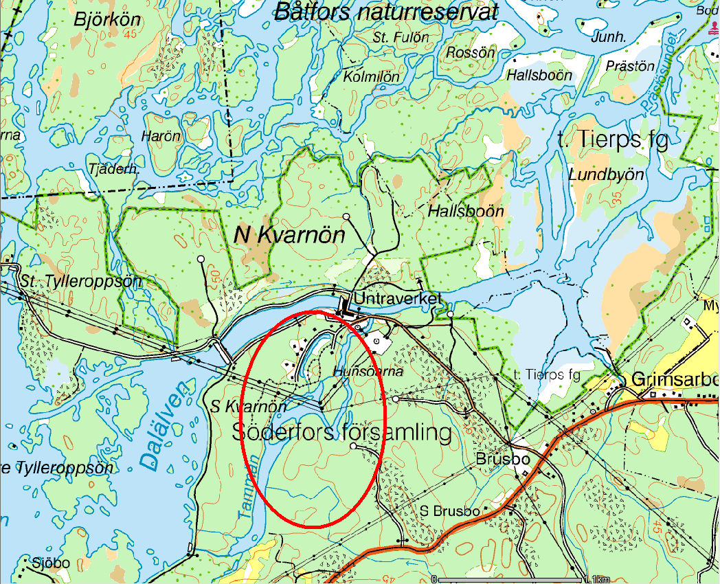 Appendix 7. Karta över Tammån, och älven vid Untraverket, där markeringarna visar inom vilka områden näten placerades.