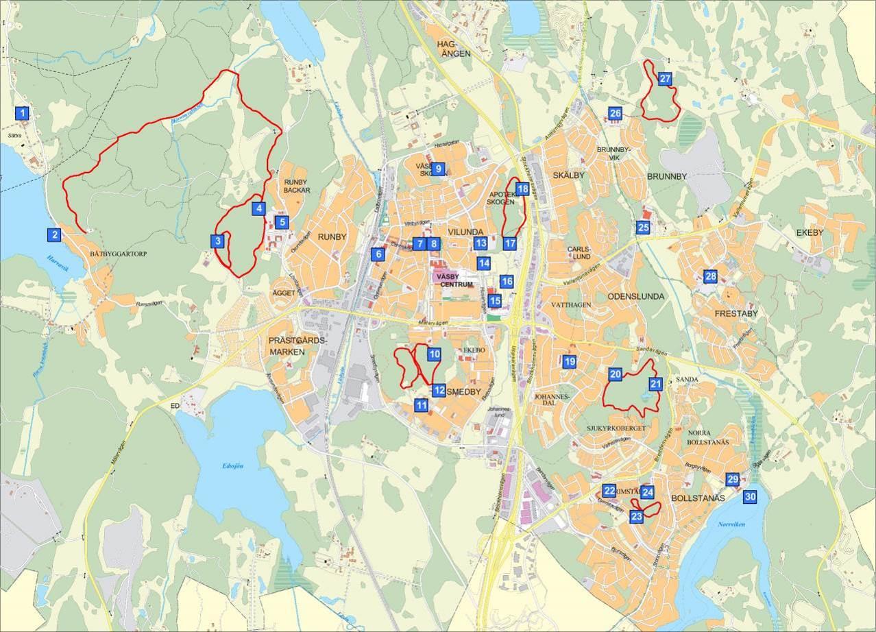 Figur 2 Kartan visar fritids- och idrottsverksamheter i kommunen. Runda symboler är privat utförare, kvadratiska symboler är kommunal utförare.