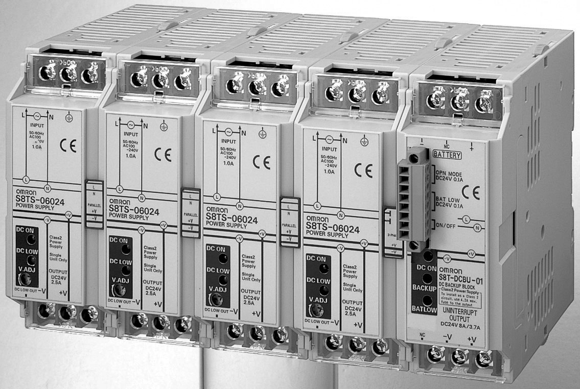 Backup-block för S8TS DC-backup block för S8TS förhindrar avbrott i 24 VDC vid momentana strömavbrott Ger avbrottsfri 24 VDC via anslutna batterier vid bortfall av AC-matningsspänning, vilket