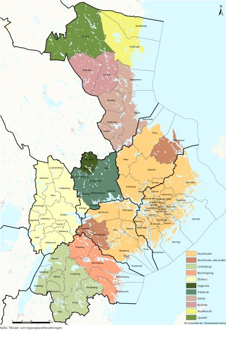 7b: Modellberäknade framtida arbetsmarknadsregioner (LA-regioner) 5 i alternativ A och alternativ B jämfört nuläge.