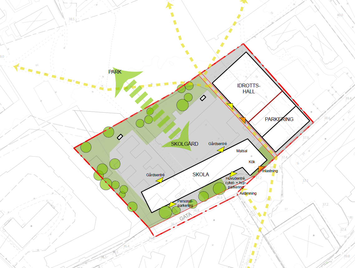 4 Framtida utformning Haninge kommun tagit fram ett utkast på förslag för nya detaljplanen. Denna plan kommer tillåta en skolbyggnad om max ca 2000 m 2 fotavtryck.