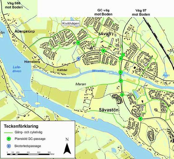 Bild 10. Karta över gång- och cykelbanenätet i Sävast och på Sävastön. Planskilda korsningar och skoterledpassagen är också markerade. Källa: Förstudie.