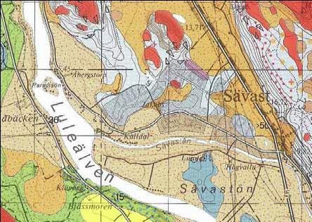 Älvsediment (huvudsakligen mo, sand) Svallsediment (huvudsakligen grovmo- sand) Havs- och sjösediment (huvudsakligen mjäla-finmo, slt) Isälvsediment (huvusakligen sand, grus-sten) Morän med i