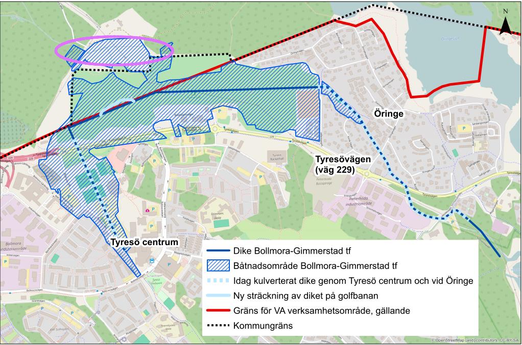 Figur 1 Torrläggningsföretaget Bollmora-Gimmerstad från 1943 är markerat (blårandigt). Den blå linjen visar det ursprungliga läget för det dike som hör till torrläggningsföretaget.