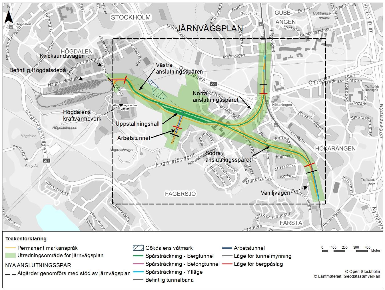 Figur 6. Planförslaget med föreslagen anläggning, spårsträckning och gränser för markanspråk. Utbyggnaden sker i huvudsak i bergtunnlar under mark.