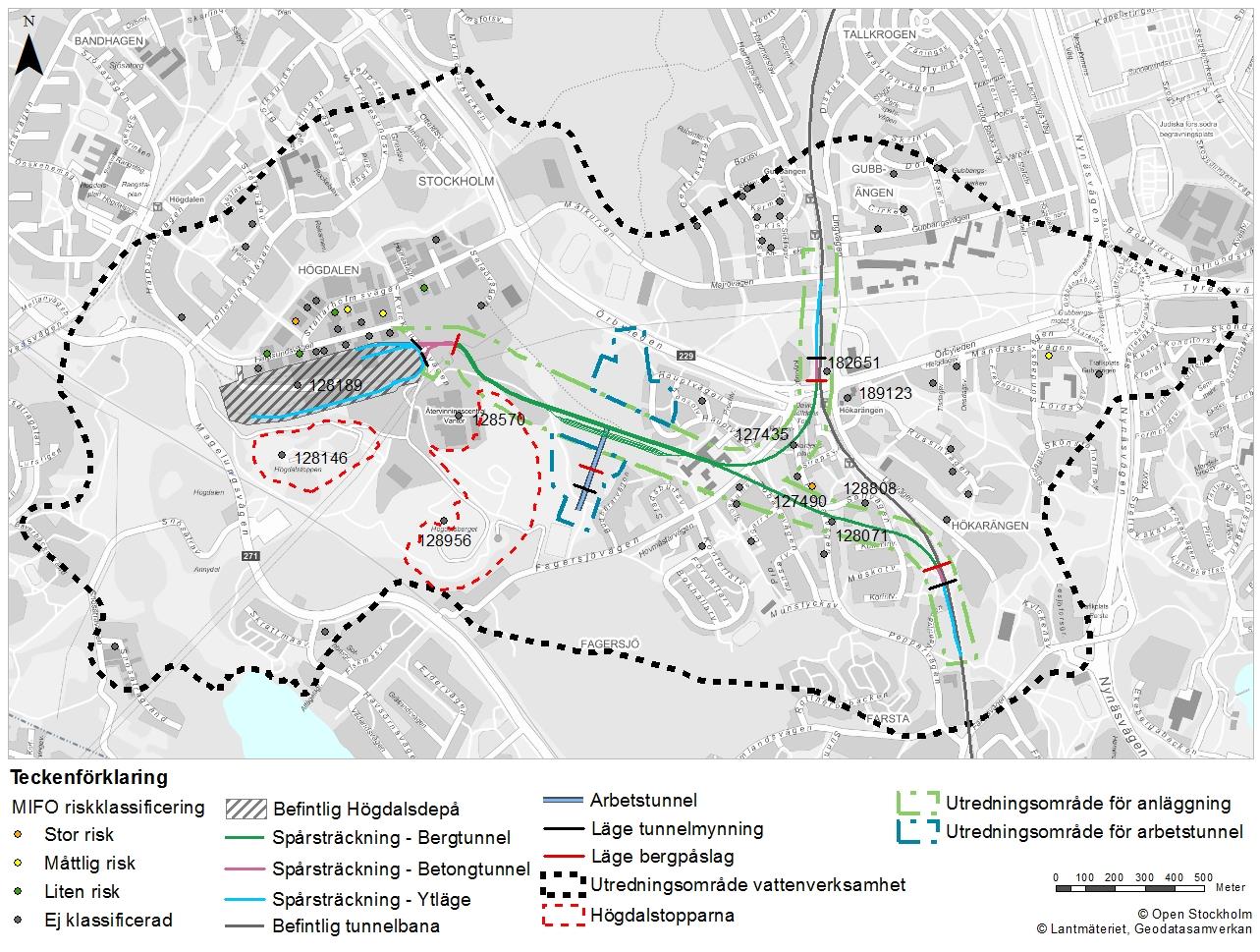 Figur 15. Länsstyrelsens EBH-objekt inom utredningsområdet. EBH (efterbehandling) är länsstyrelsen databas över potentiellt eller konstaterade förorenade områden.