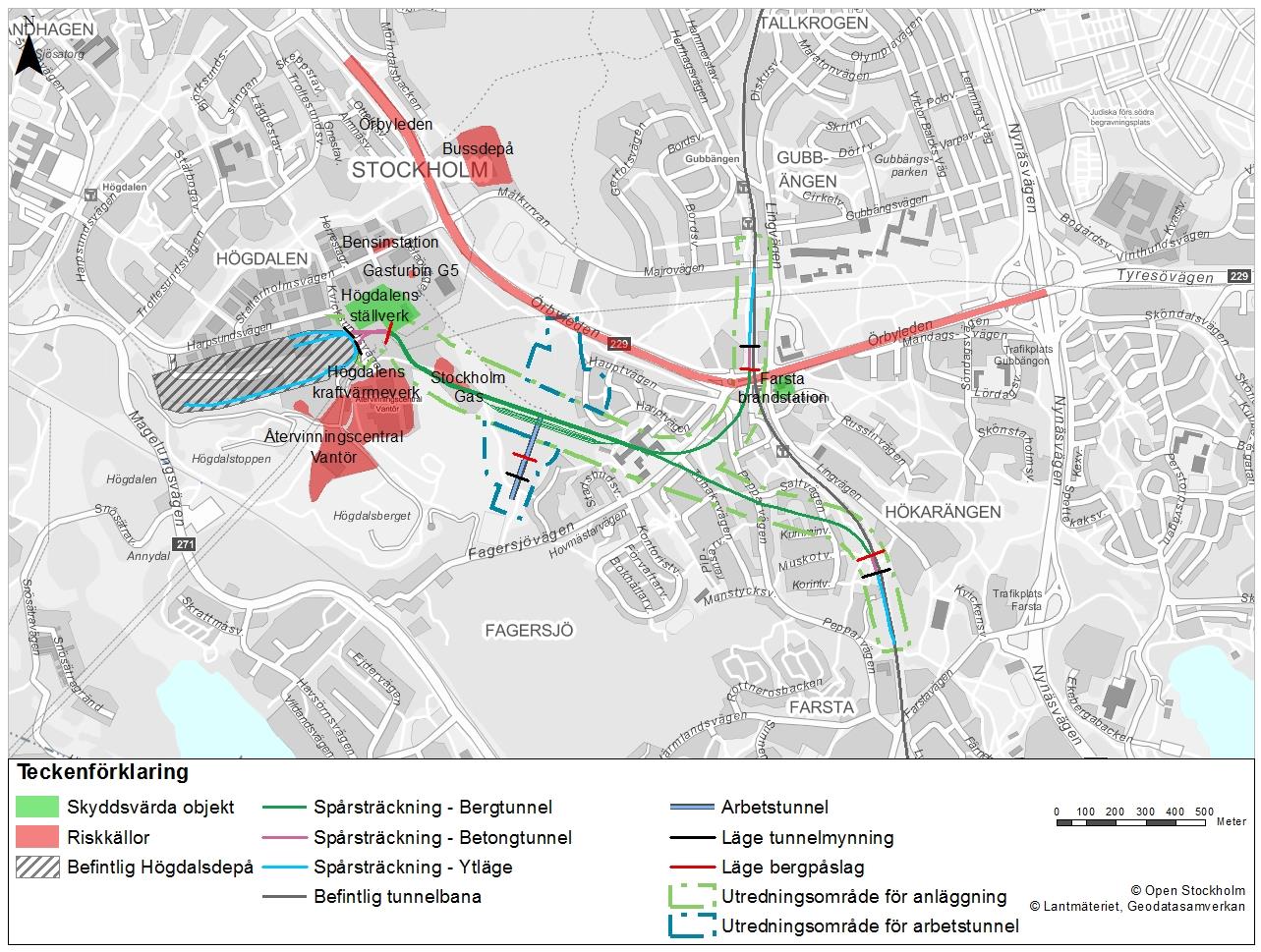 Figur 22. Identifierade skyddsvärda objekt (gröna områden) och riskkällor (röda områden) i projektets närområde. Örbyleden utgör både en riskkälla och ett skyddsvärt objekt. 5.1.