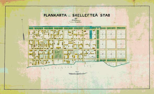 Stadsplanen 1845 Den första stadsplanen var en enkel rutnätsplan med kvadratiska kvarter cirka 100*100 meter mellan de 20 alnar (12 meter) breda gatorna.