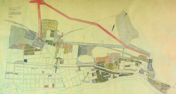 Revidering av generalplanen 1955 Kommunen reviderade Åhréns plan några år senare. Den viktiga frågan i de planerna gällde om Torsgatan eller Järnvägsgatan skulle vara huvudgatan österut mot hamnen.