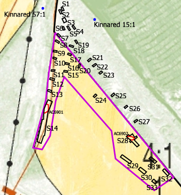 Figur 7. Schaktplan. Underlag: fastighetskartan Lantmäteriet, Gävle, 2009. Medgivande I 2009_00927. Skala 1:1500. Tabell 3. Anläggningstabell. Jfr bilaga 5.