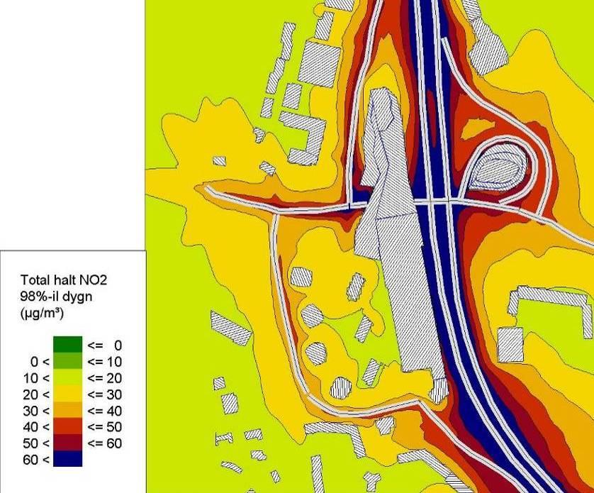 Jämförelse med miljökvalitetsnormer NO 2 -halter I Figur 15-17 presenteras den totala NO 2 -halten som beräknas förekomma runt Mörby Centrum vid Framtidsscenariot 2015. Figur 15. Total NO 2 (haltbidrag+lokalt UB på 9) beräknat som årsmedelvärde.